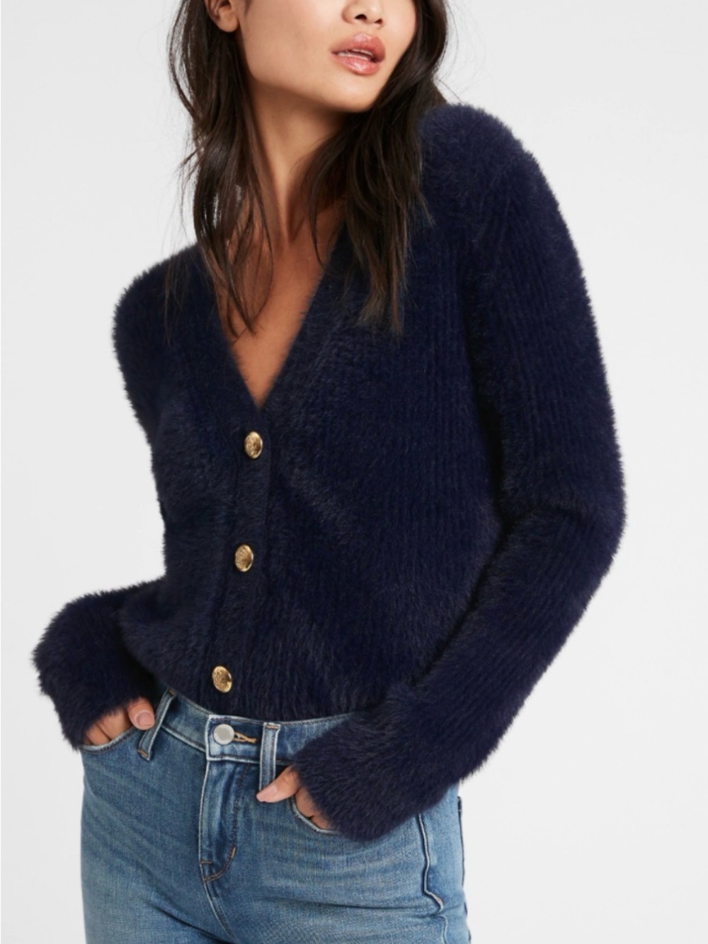 Banana Republic Navy Fuzzy V-Neck Cardigan with Gold Buttons